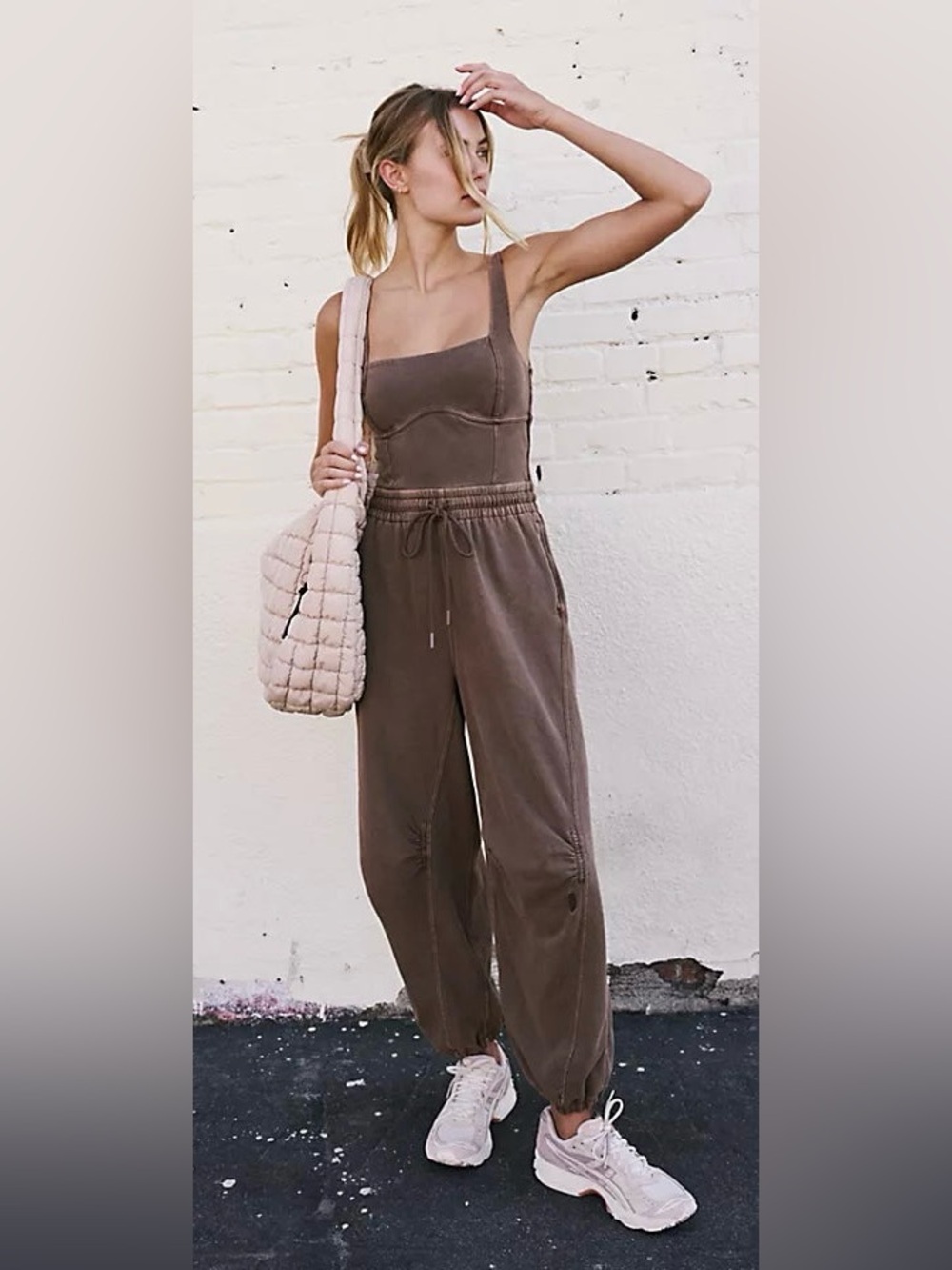 NWOT Free People Movement Women's Brown Jumpsuit with Drawstring Waist and Hem